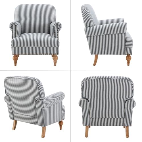 Blue Striped Linen Fabric Accent Chair, Coastal Upholstered Armchair with Nai...