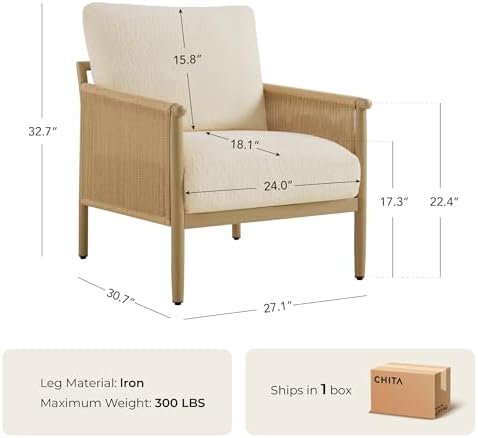 CHITA Braid Accent Chair, Wood-Like Finish Grain Metal Frame (1, Cream)