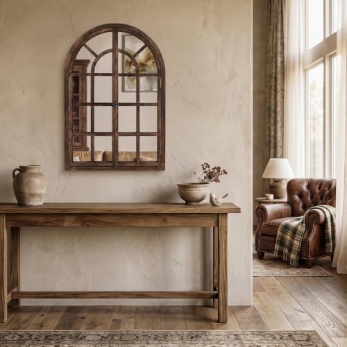 Farmhouse Window Mirror for Wall, 38 X 26 Inch Rustic Wood Frame