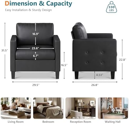 STHOUYN Black Comfy Accent Chair, Faux Leather Living Room Chair