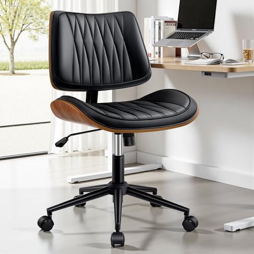 Ergonomic Armless Office Desk Chair - Mid-Century Modern Black Faux Leather w...