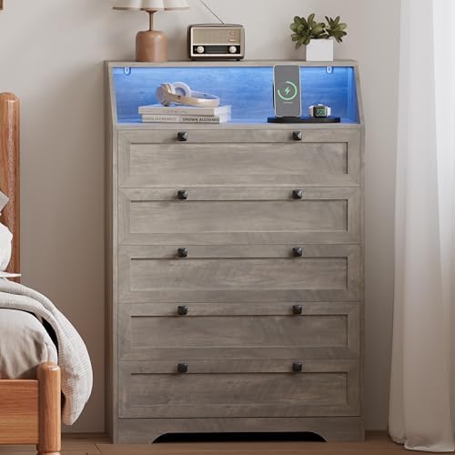 Wodeer Grey Dresser Tall 5 Drawer Dresser for Bedroom, Wood Chest of Drawers ...