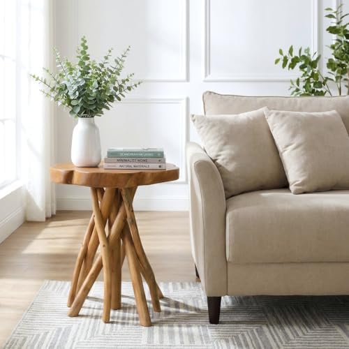 WELLAND Solid Teak Live Edge End Table, Petal Accent Table