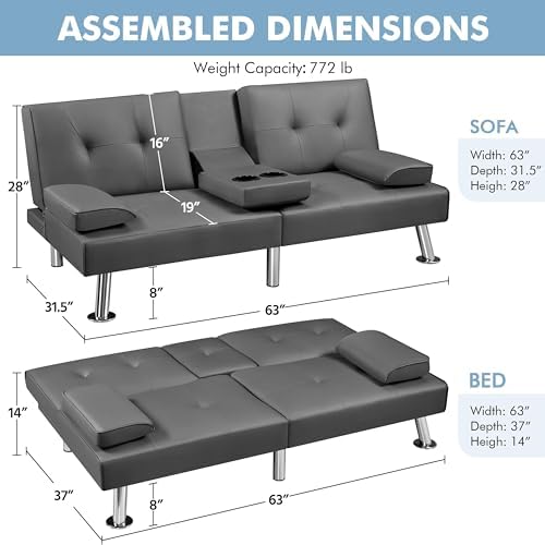 Yaheetech Convertible Futon Sofa Bed Loveseat with Cup Holder, Gray
