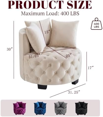 Upholstered Tufted Accent Barrel Chair with 3 Pillows, Contemporary Round Lou...