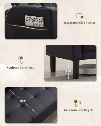 3 Piece Black Faux Leather Mid Century Modern Living Room Sofa Set