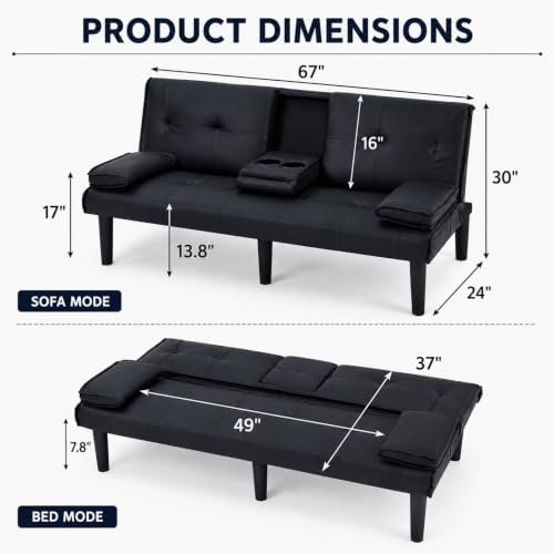 67"Modern Futon Sofa Bed,Convertible 3 in 1 Sleeper Bed Couches with Adj...