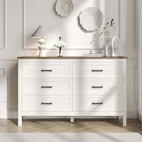 Farmhouse 6 Drawers Dresser for Bedroom, Antique White
