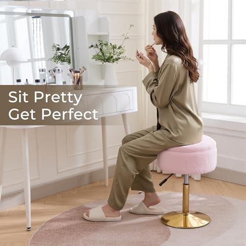 Pink Swivel Vanity Stool With Storage Vanity Chair Gold Base Ottoman