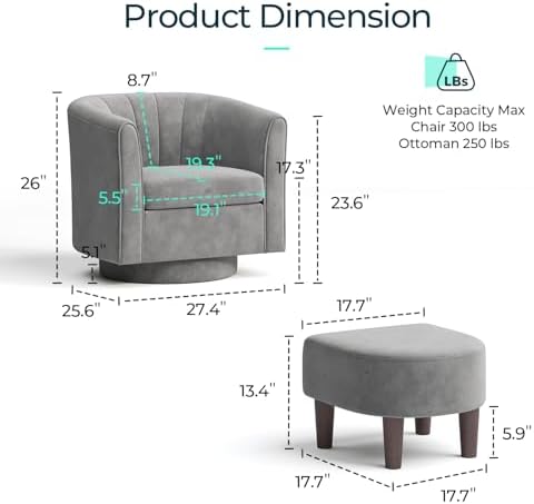 LINSY Swivel Accent Chair with Ottoman: Small Velvet Barrel Chair 360 Swivel ...