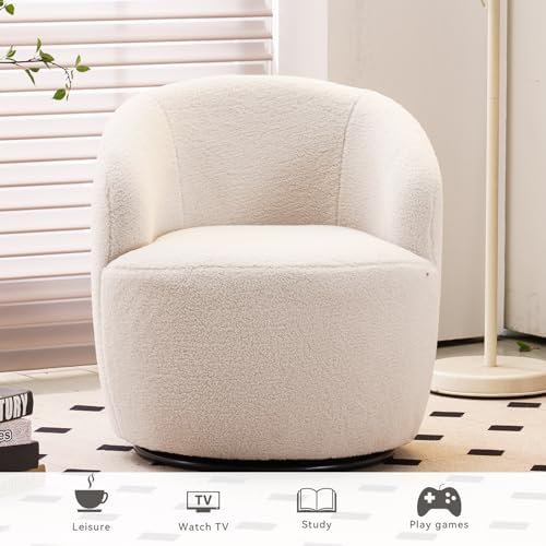 FOXHUNTER 360° Swivel Accent Chair, Barrel Chairs, Teddy Ivory