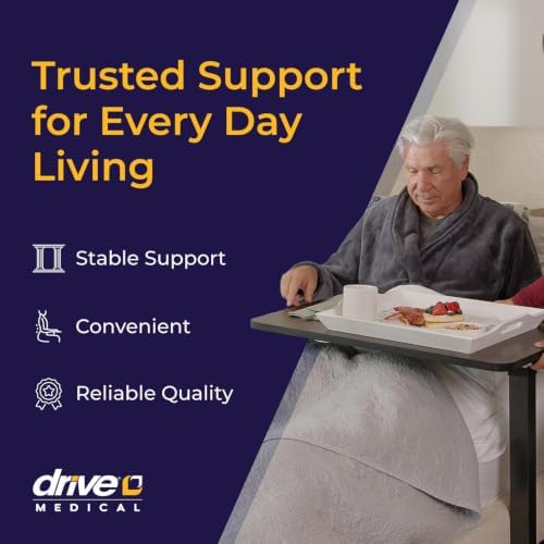 Drive Medical Overbed Table with Wheels, Woodgrain Top, Silver Vein