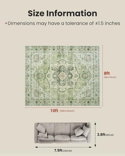 Amada Large 8x10 Washable Area Rug for Living Room, Green, Vintage Style