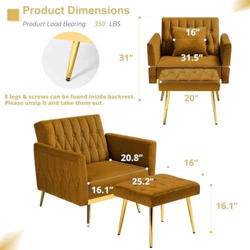 Velvet Accent Chair w/Ottoman & Adjustable Backrest, Ginger
