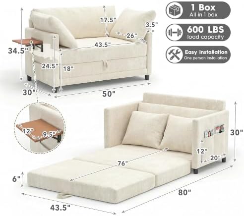 Convertible Sofa Bed with Foldable Side Table, 51" Pull Out Sleeper Couc...