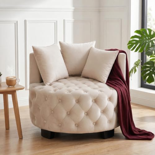 Upholstered Tufted Accent Barrel Chair with 3 Pillows, Contemporary Round Lou...