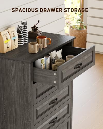 Amada Farmhouse 5 Drawer Dresser, Wood Dresser with Natural Texture, Gray
