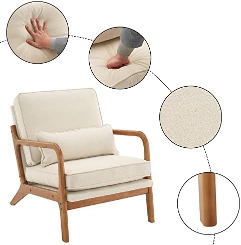 Bonnlo Fine Linen Beige Mid Century Modern Accent Chair, Soild Wood Padding L...