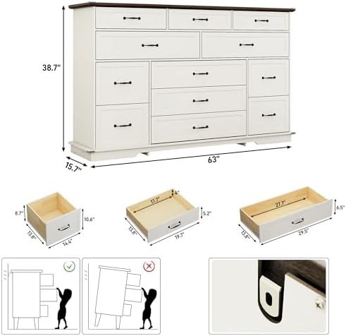 jiteentarou Tall Farmhouse 12 Drawer Dresser for Bedroom,63” Wood Dresser &am...