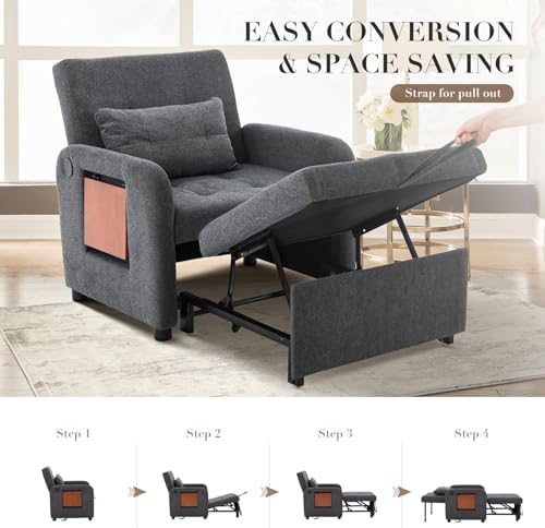 MALOL Convertible Chair-Fabric Sofa Bed, Single Sleeper Sofa, Dark Grey