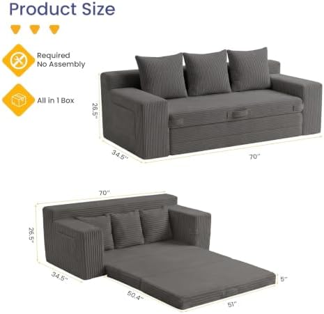 69" 3 Seater Convertible Folding Sofa Bed, Boneless Couch with Pull-Out ...