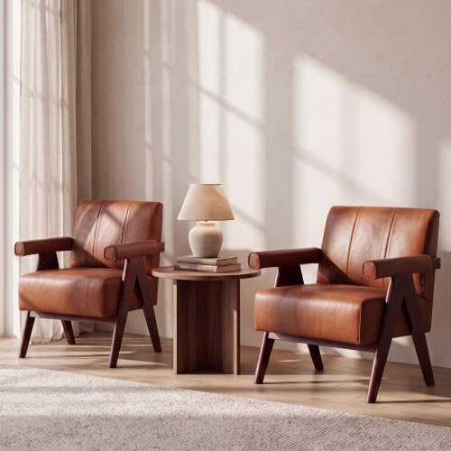 JIASTING Mid Century Modern Accent Chair Set of 2, Brown Leather Armchair