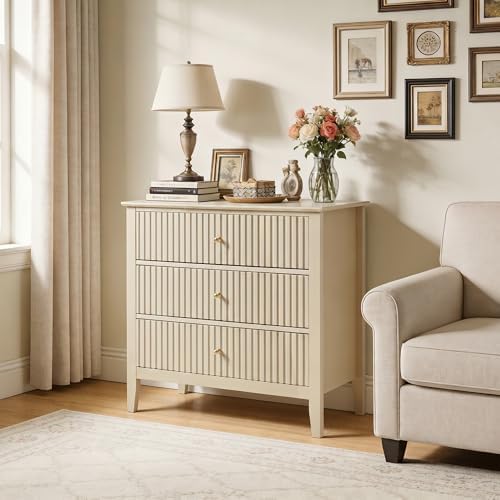 RoyalCraft Fluted 3 Drawer Dresser, 32" Wide Nightstand for Bedroom, Beige