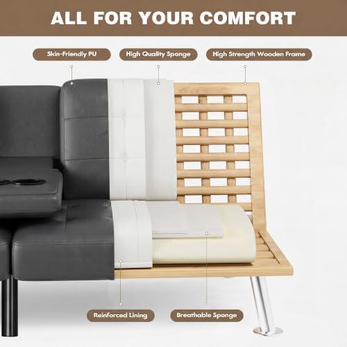 Homall Faux Leather Futon Sofa Bed, Loveseat with Adjustable Backrest