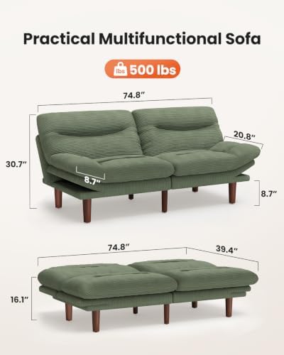 Amada Convertible Corduroy Futon Sofa Bed, 75 inch, Green