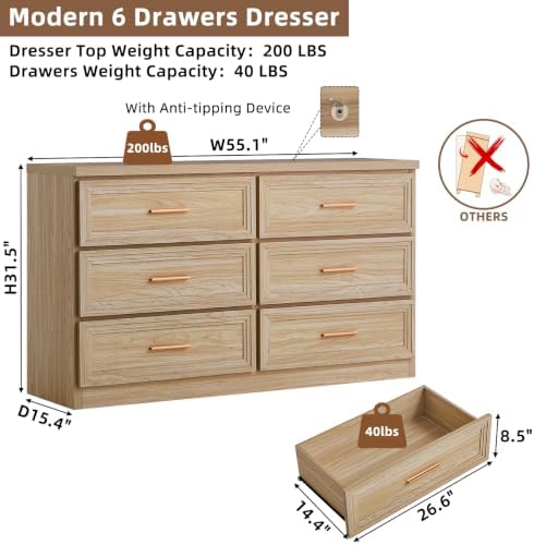 RWYHG 55.1" Wide Farmhouse 6 Drawers Dresser for Bedroom,Natural