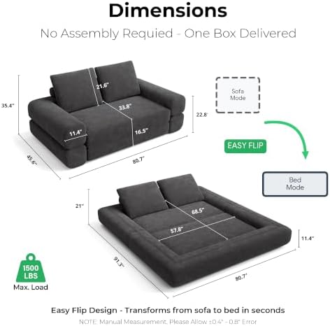LIKIMIO FlipNest 3-in-1 Convertible Sleeper Sofa, Dark Grey