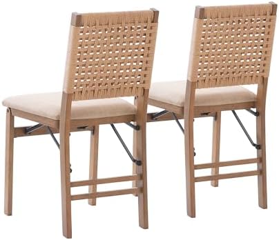 Linon Bennett Natural Folding Chair with Woven Rope Back and Linen Upholstere...