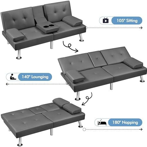 Yaheetech Convertible Futon Sofa Bed Loveseat with Cup Holder, Gray