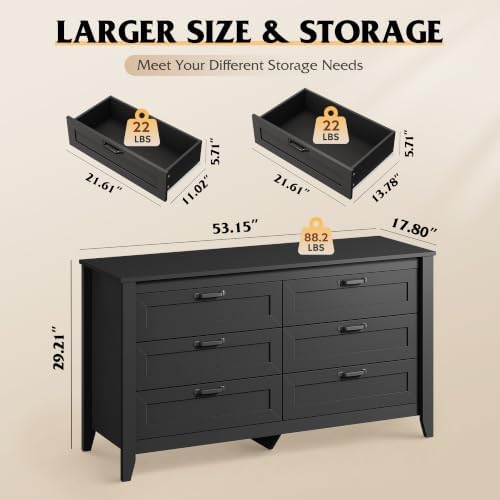 WLIVE Black Dresser 6 Drawers for Bedroom, Wood Dresser TV Stand for 55" TV