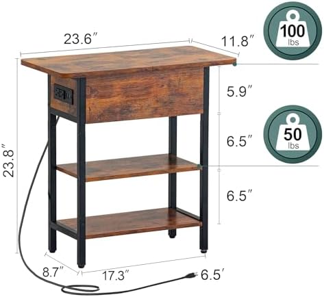 Yoobure End Table with Charging Station, Flip Top Side Table with USB Ports a...