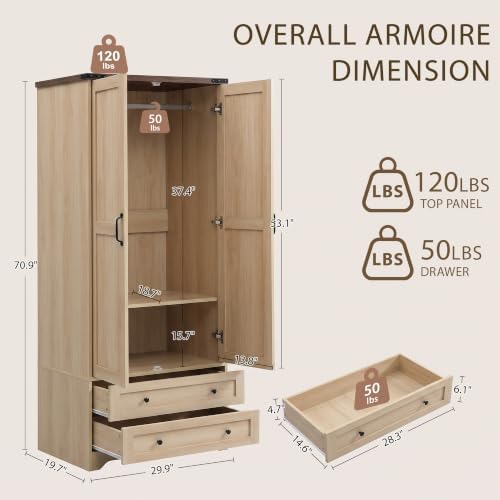 Yechen 71" Wooden Armoire Wardrobe Closet with 2 Doors & 2 Drawers, ...