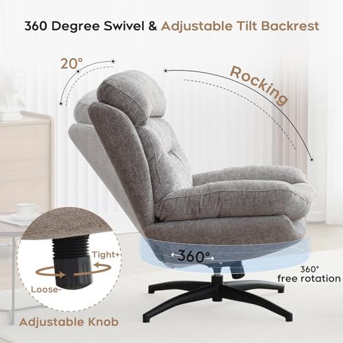 Swivel Accent Chair with Ottoman Set for Living Room, Chenille Comfy Reading ...