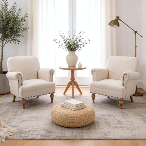 Beige Linen Fabric Accent Chair, Modern Farmhouse Upholstered Armchair with N...
