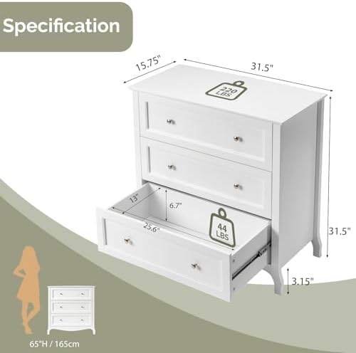VINGLI White Dresser 3 Drawer Chest of Drawers for Bedroom, Painted Wood Dres...