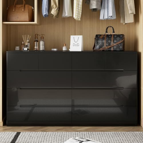 10 Drawer Dresser for Bedroom, 55" Long High Gloss Dresser, Black