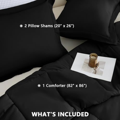 CozyLux Full Size Comforter Sets, 3-Piece Box-Stitched, Black