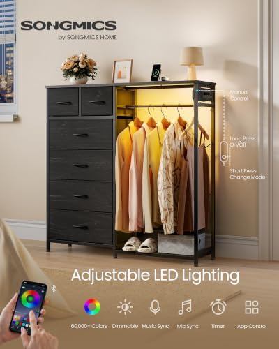 SONGMICS Dresser with Hanging Rod, Closet Organizer with 6 Fabric Drawers