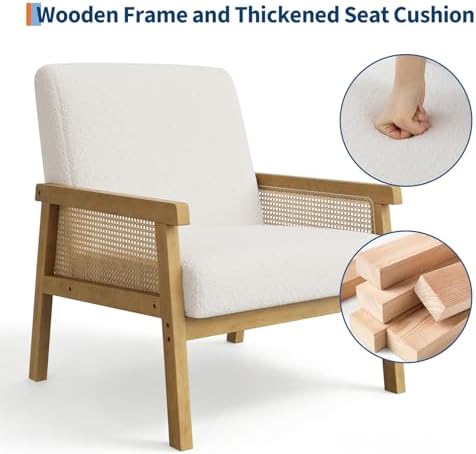 IDEALHOUSE Rattan Accent Chair with Wooden Frame and High Back, White