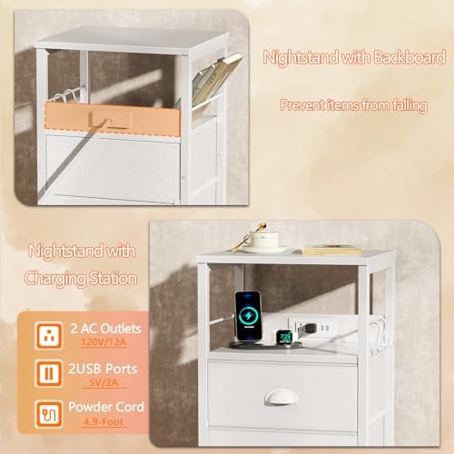 Furologee End Table with Charging Station, Nightstand with Fabric Drawers, Si...