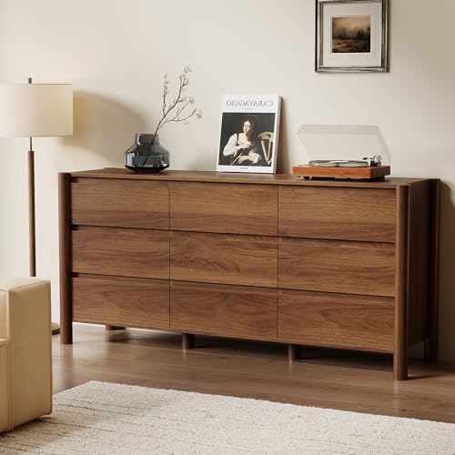 HOUROM Walnut Dresser for Bedroom,63"Wide 9 Drawer Mid Century Modern Chest
