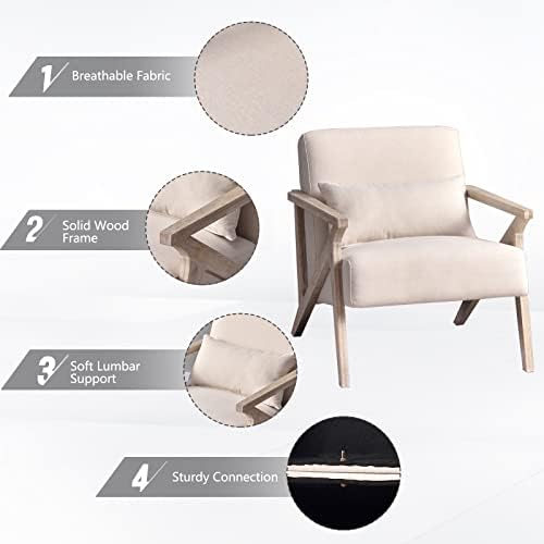 INZOY Mid Century Modern Chair with Wood Frame, Upholstered Armchair with Wai...