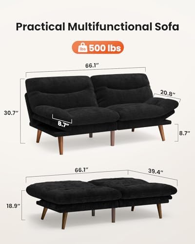 Amada 66 inch 3-in-1 Convertible Futon Sofa Bed, Black