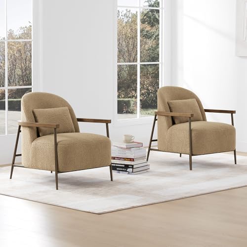 CHITA Accent Chair Set of 2, Sherpa Armchair with Wooden Armrest, Camel