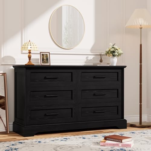 YESHOMY Dresser for Bedroom, Farmhouse 6 Drawers Dressers, Black