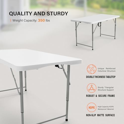 VINGLI 4 FT Plastic Folding Camping Table,3-Level Adjustable Height, Portable...